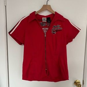 Harley Davidson women’s red zip up collared shirt sleeve shirt with embroidery